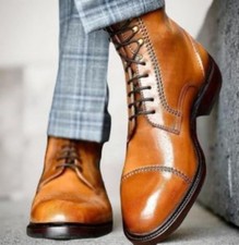 Handmade Men's Tan Color Leather Dress Formal Hig Ankle Lace Up Cap-Toe Boot Men