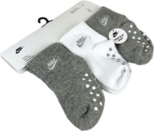 Nike Toddler 3 Pk Grey White Ankle Cotton Swoosh Logo Gripper Sock Set 2-4 Yrs