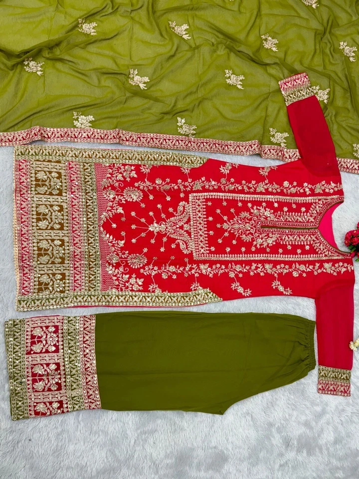 NEW DESIGNER HEAVY FAUX GEORGETTE PAKISTANI WEDDING BRIDAL WEAR TOP PALAZZO - image 2 of 4