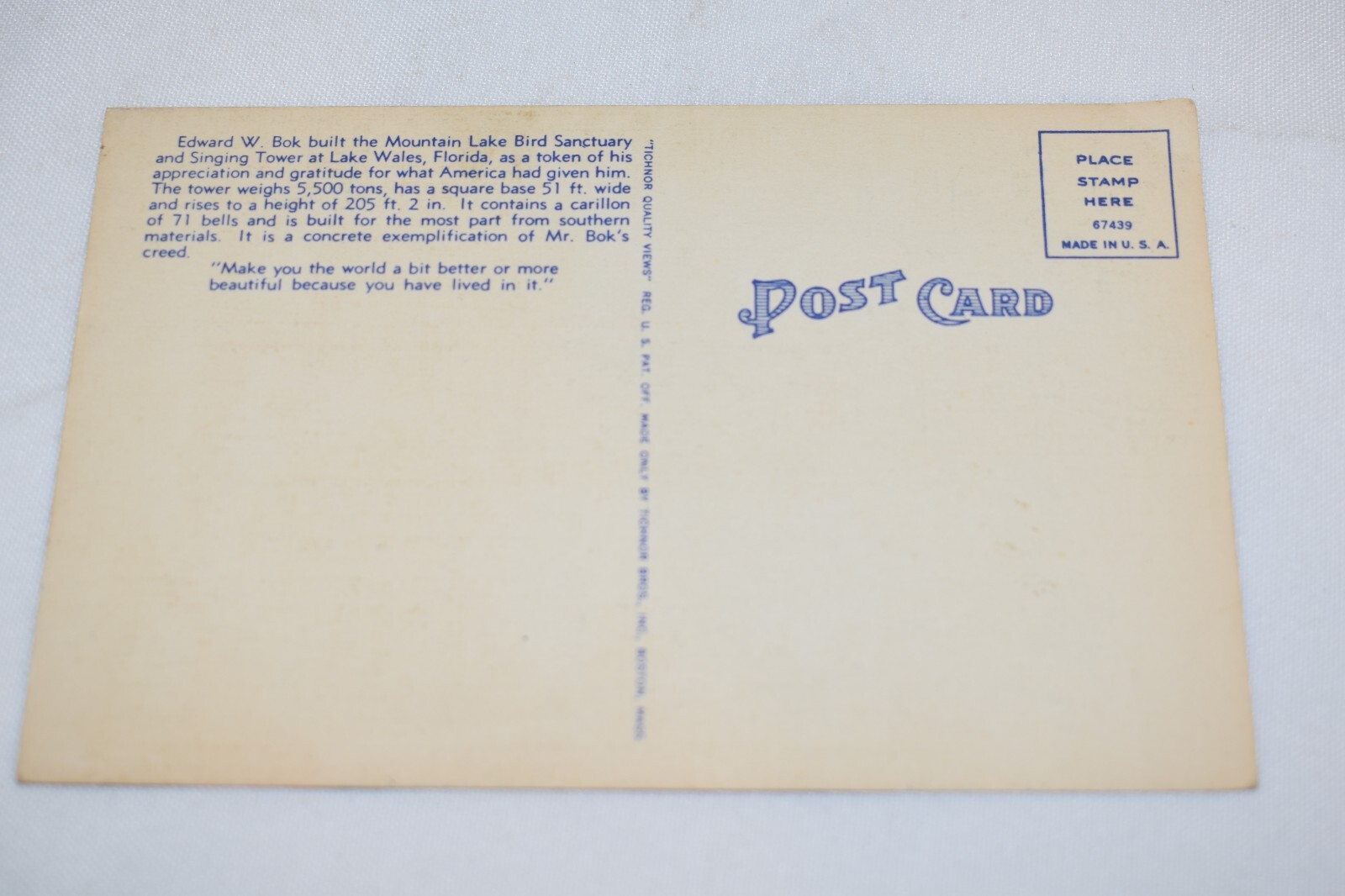 The Singing Tower Lake Wales Florida Postcard 102N Tichnor Bros. Inc. Boston