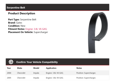 For 2004-2005 Chevrolet Impala 3.8L V6 GAS Serpentine Belt