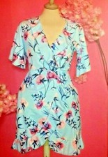 WOMEN BLUE FLORAL V NECK WRAP TEA DRESS ( SIZE UK10 )