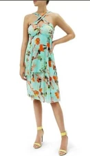 FUZZI Tulle Mesh Floral Print Crossover Halter Dress Green Sz XS NWT $565