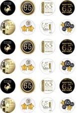 24 x PRECUT 65TH BIRTHDAY GOLD/BLACK RICE/WAFER PAPER CUP CAKE TOPPERS