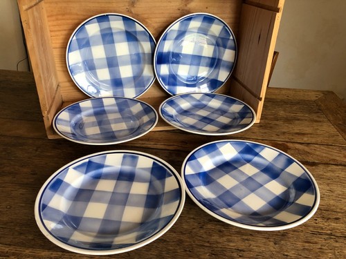 6 assiettes plates en faïence décor Vichy bleu, Faïencerie Nouvelle Givors - Picture 2 of 18