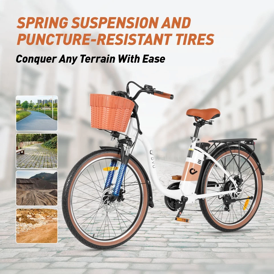 Bicicleta Eléctrica de Cercanías DYU 26" para Adultos, 350W 36V 15.6AH, 7 Velocidades, Cruiser City Foto 4 de 4