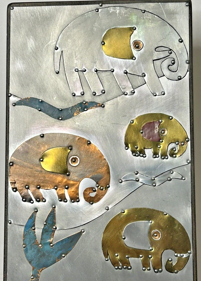 Vintage Handmade Elephants Metal Wall Art Panel Signed by Artist Sue Jowell - Image 4 of 4