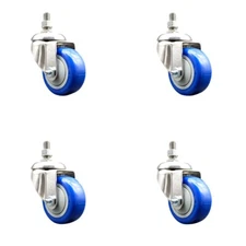 3 Inch 316SS Blue Polyurethane Wheel Swivel ½ Inch Threaded Stem Caster Set SCC