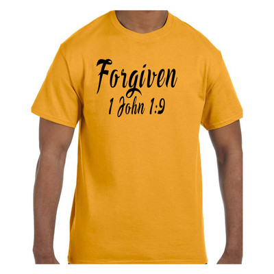 Christian Religious Tshirt Forgiven 1 John 1:9 Cursive Short or Long Sleeve