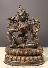 Old Tibet Bronze Gilt Green Tara Mahayana Buddhism enlightenment Goddess Statue