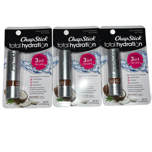 3x ChapStick Hidratación Total Coco Bálsamo Labial Tubo 0.12oz NUEVO Sellado