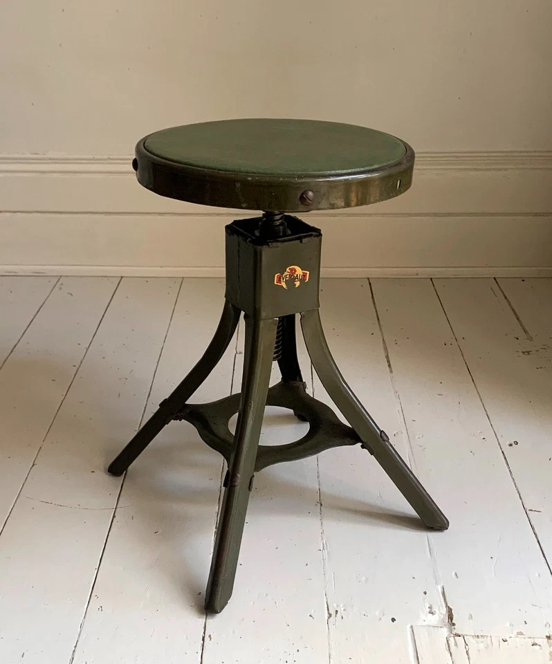Vintage Evertaut Industrial/Machinist Adjustable Height Swivel Khaki Green Stool - Image 4 of 4