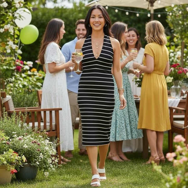 Bec Bridge 8 dress black striped | midi bodycon sleeveless | smart casual party