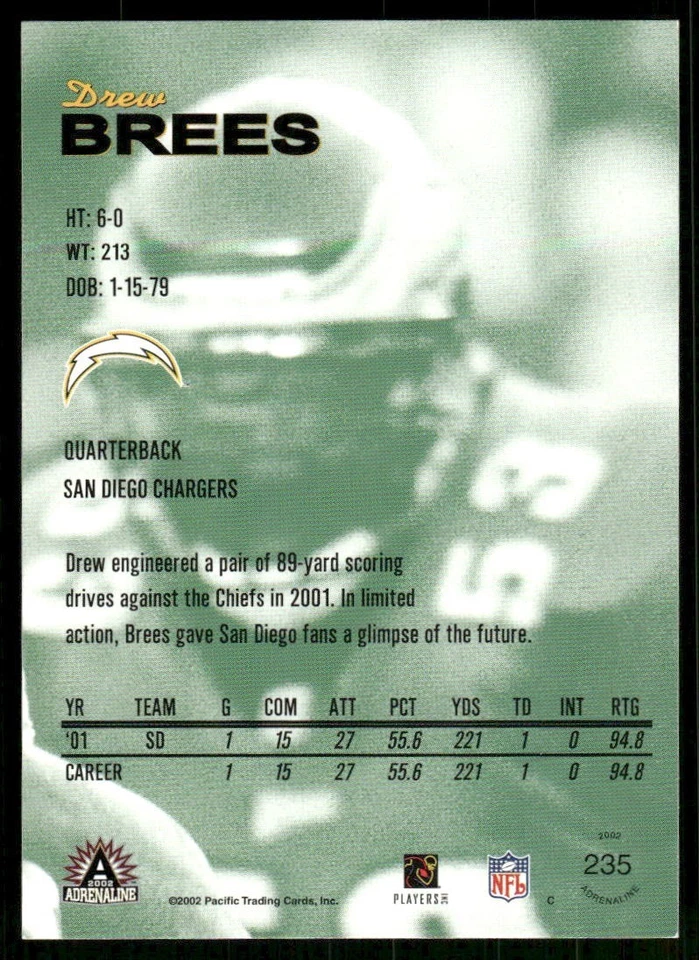 2002 Pacific Drew Brees #235 - Image 2 of 2