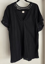 O'Neill Women's M Black Cotton V-Neck Short Sleeve Blouse Top Boho Crochet