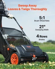 Vevor Push Lawn Sweeper, 21-inch Leaf & Grass Collector, 2 Spinning Brushes