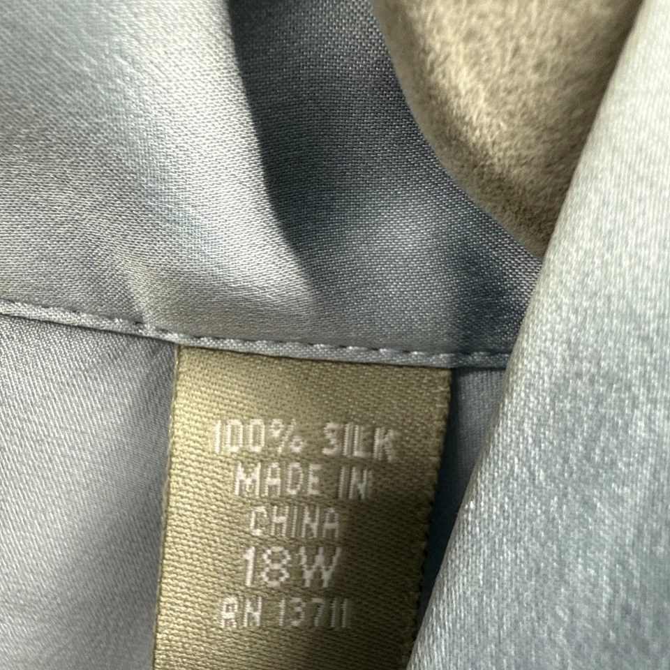 Blusa Top Kate Hill 100% Seda 18W Manga Larga Azul Puños Franceses Cuello Mandarín Foto 4 de 4