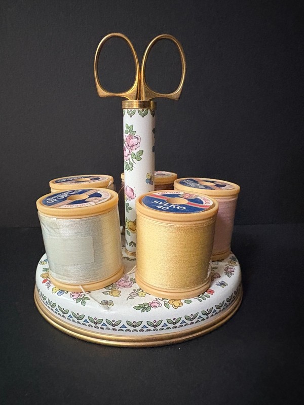 Halcyon Days Bilston & Battersea Enamel Floral Thread & Scissor stand Vintage