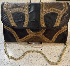Varon Brown Black 70 Snakeskin Python Vintage Clutch Metal Chain See Pictures
