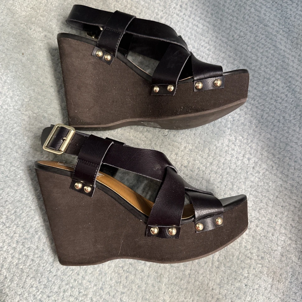 Steve Madden Piranna Cuero Negro Plataforma Cuñas Eslinga Trasera Mujer’s Talla 7.5 Foto 4 de 4