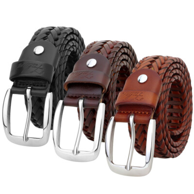Falari  Men Leather Hand Braided Belt Stainless Steel Buckle Casual Dress Belt