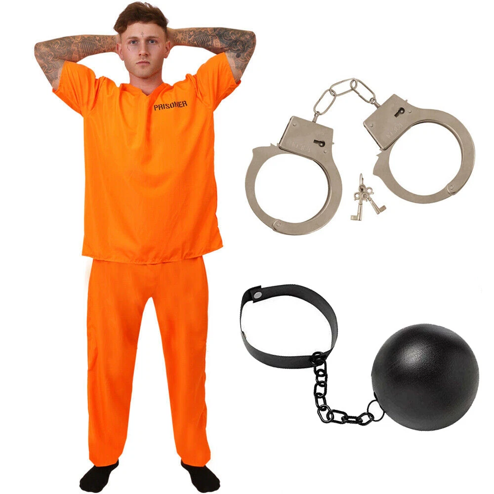 Costume Carcerato Arancione - Tuta Prigione Uomo/Donna, Con Manette E Costume Carcerato Arancione - Tuta Prigione Uomo/Donna, Con Manette E