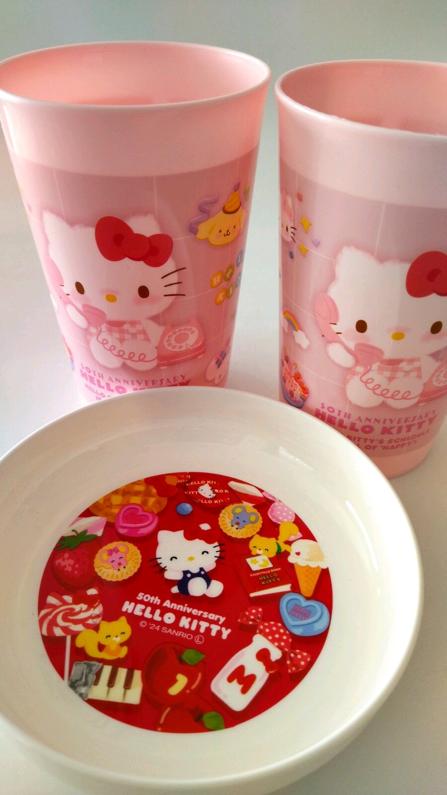 Hello Kitty 50th Anniversary Daiso Sanrio 2Tumblrs & Small Plate
