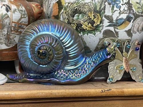 Fenton Glass Favrene Iridescent Iridized Over Cobalt Blue Snail Figurine