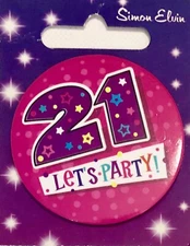 Small metal Birthday badge, 21st Birthday, Simon Elvin, party, brand new