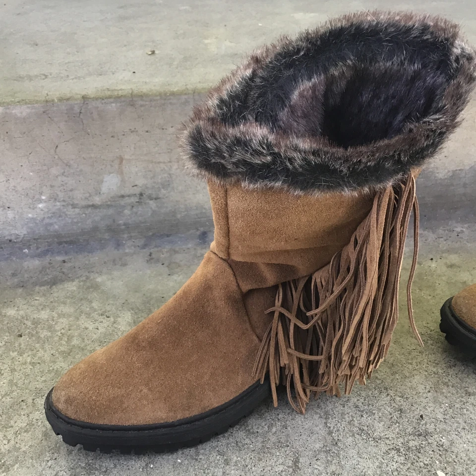 Women's Sam Edelman Tilden Winter Boots Snow Shoes Size 8 Brown Suede Fringe - Imagem 3 de 4