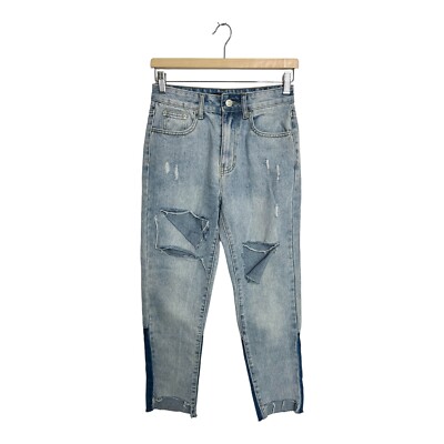 Momokrom Patchwork Distressed Jeans Size 6 Blue Destroyed Slim Leg
