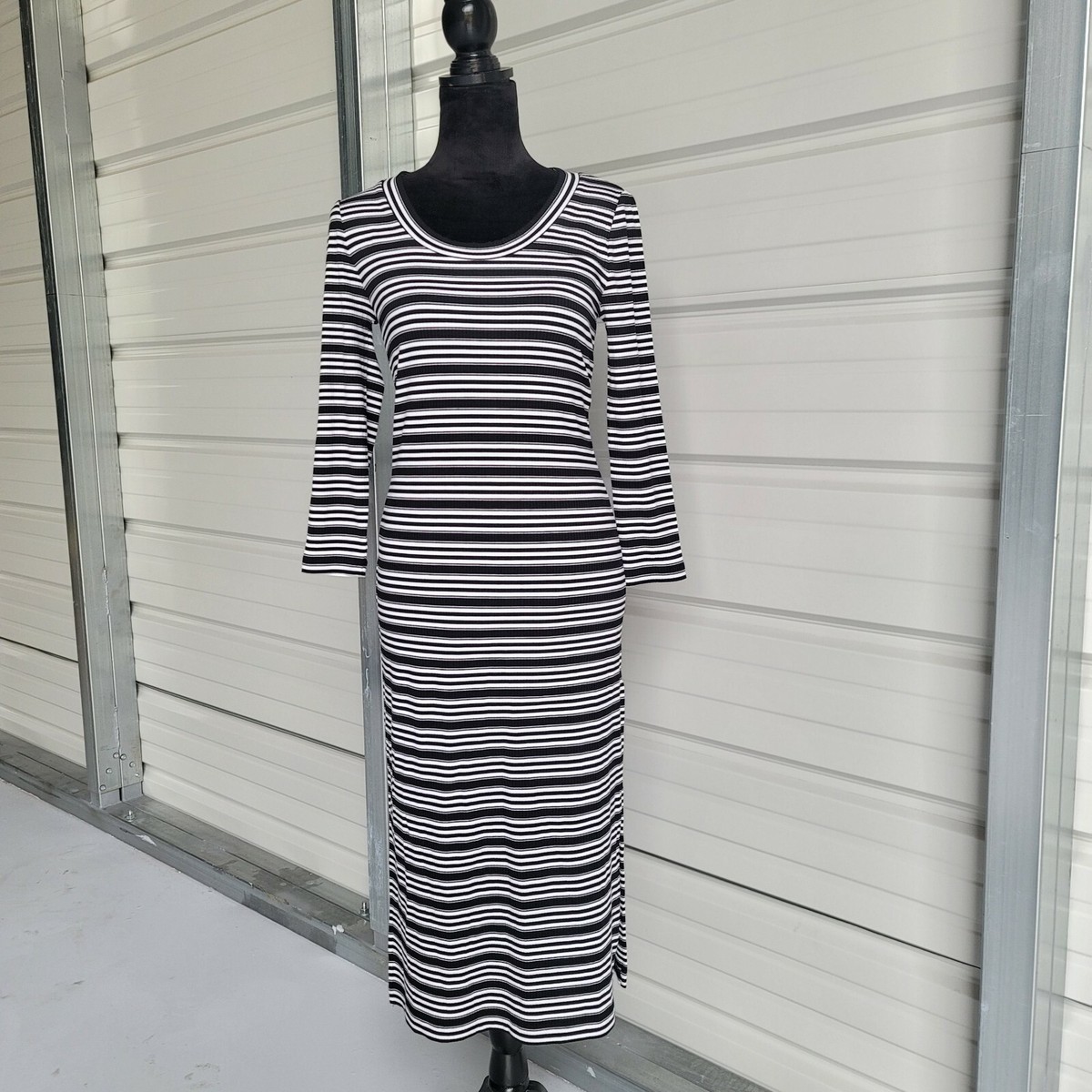 Banana Republic 3/4 Stretch Stripe Black White Knit Dress Fitted Ribbed Midi S
