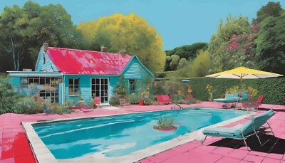 Crazy Garten 05 Gartenhaus verspielt Street Art Landschaft Pool 120x70cm Pop Art