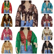 Wholesale 50 Pc Indian Vintage Silk Sari Bell Sleeve Crop Top Retro 60s Clothing