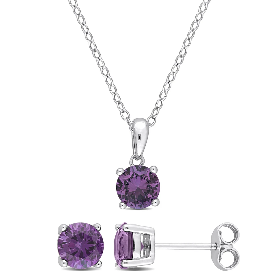 Amour Sterling Silver Simulated Alexandrite Pendant, Chain & Earrings Set