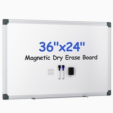 Magnetic Whiteboard Kit 36x24 in, Dry Eraser, Markers, Pins, Aluminum Frame