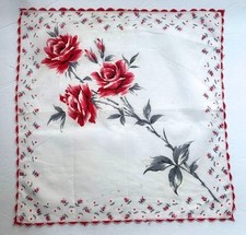 VINTAGE HANKY 1950s FLORAL PRINT RED ROSES ON A GRAY STEM SCALLOPED EDGING