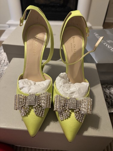 Dee Ocleppo Green Lime Satin Rhinestone Stiletto Ankle Strap Heels, Size 40