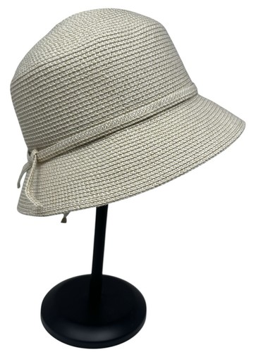 Women’s Beige Cloche Bucket Hat Paper Blend Woven Sun Hat Adjustable Sizing