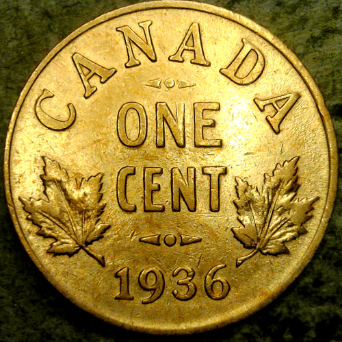 1936 Canada Cent Lovely AU Red Brown King George V Canadian Penny