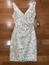 NWT Vince Camuto Lace Sequin Embellished V-Neck Sleeveless Dress Sz 0 White/Slvr
