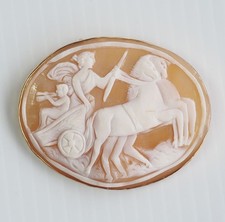 Raro Grande Antico 14k Oro Romano Cocchio Cammeo Spilla