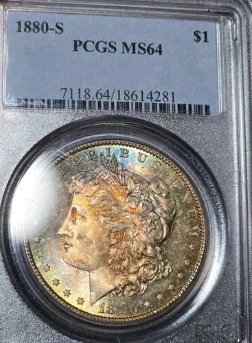 1880-S Morgan Silver Dollar PCGS MS 64 Rainbow Toned Coin Great Luster UNC CH $1
