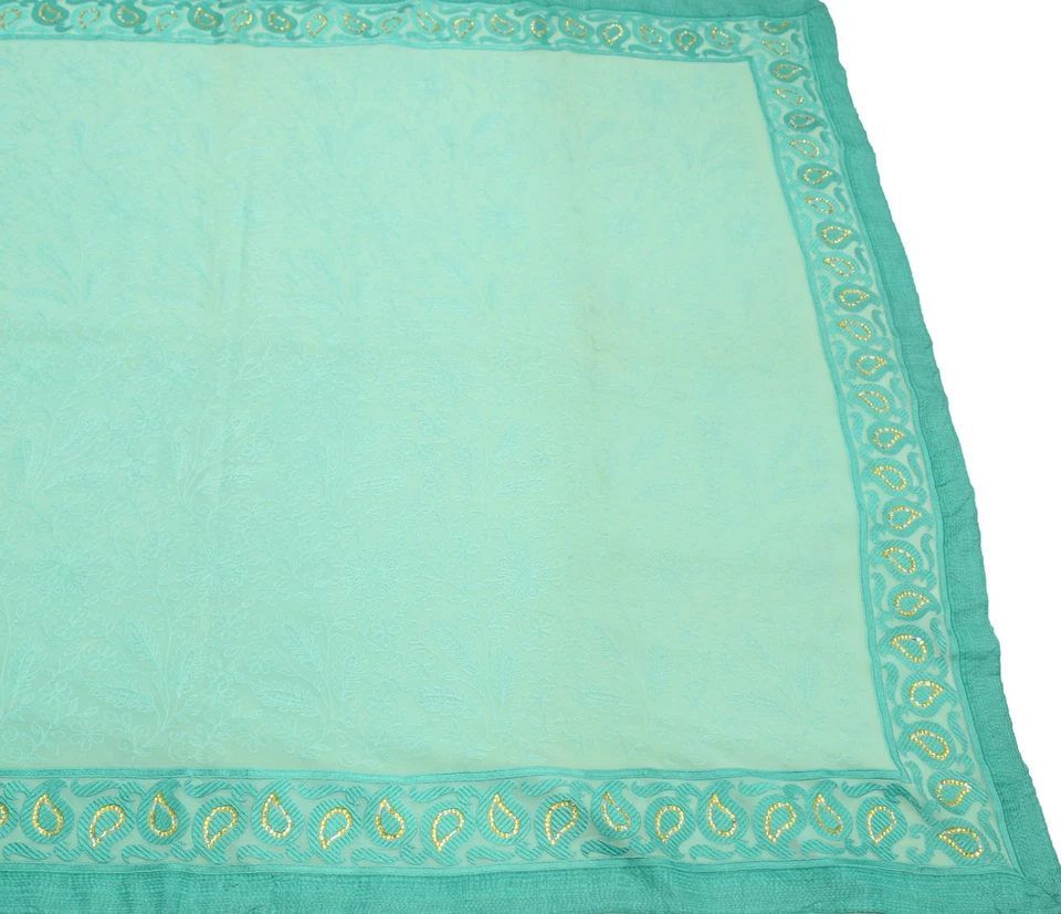 Sari Sushila Vintage Verde Agua PESADO Bordado Puro Georgette Tela Sari Foto 3 de 4