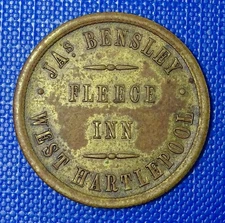 Durham, West Hartlepool, Fleece Inn, James Bensley 1 1/2D Pub Check/Token- Read!