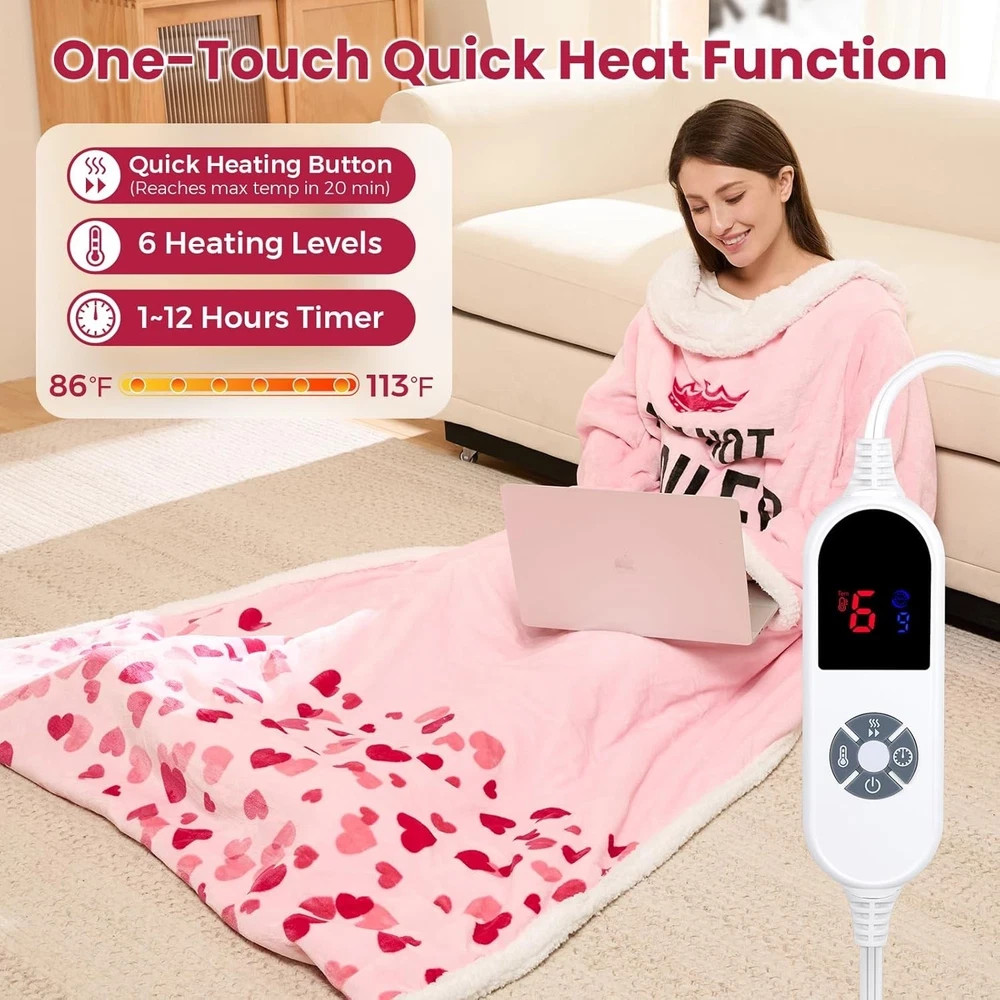 Wearable Heated Blanket with Sleeves Foot Pocket Electric Throw for Women Gift