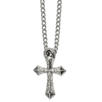 Solid Chisel Stnls Steel Antiqued and Cross Slide Curb Chain Necklace - 24''