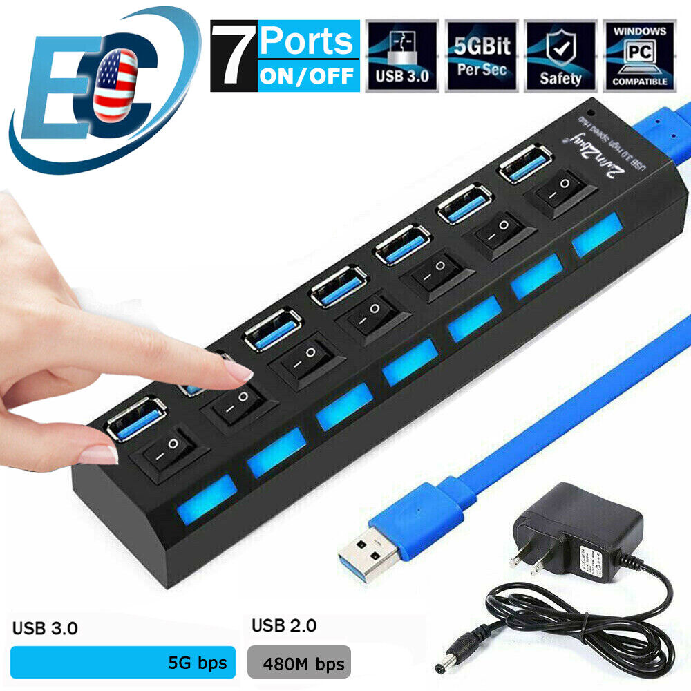 USB 3.0 Hub 7 Port On/Off Switch High Speed Splitter AC Adapter Cable PC Laptop