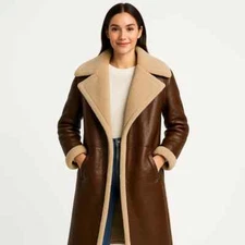 Ladies Sheepskin Fux Shearling Coat Real Brown Leather Fur Long Winter Jacket