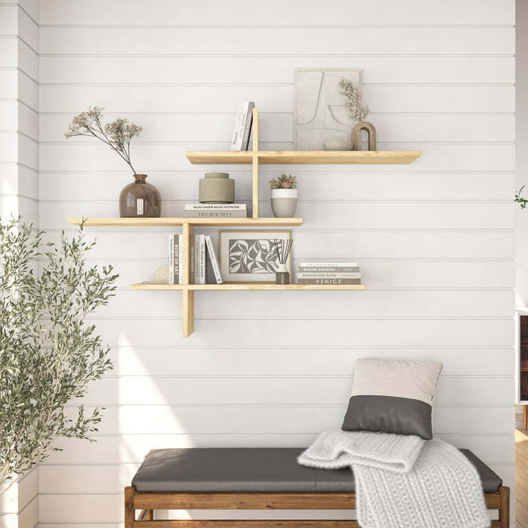 48.5" 3 Tier Oak Webster Modern Wall Shelf, Durable Stain-Resistant ...